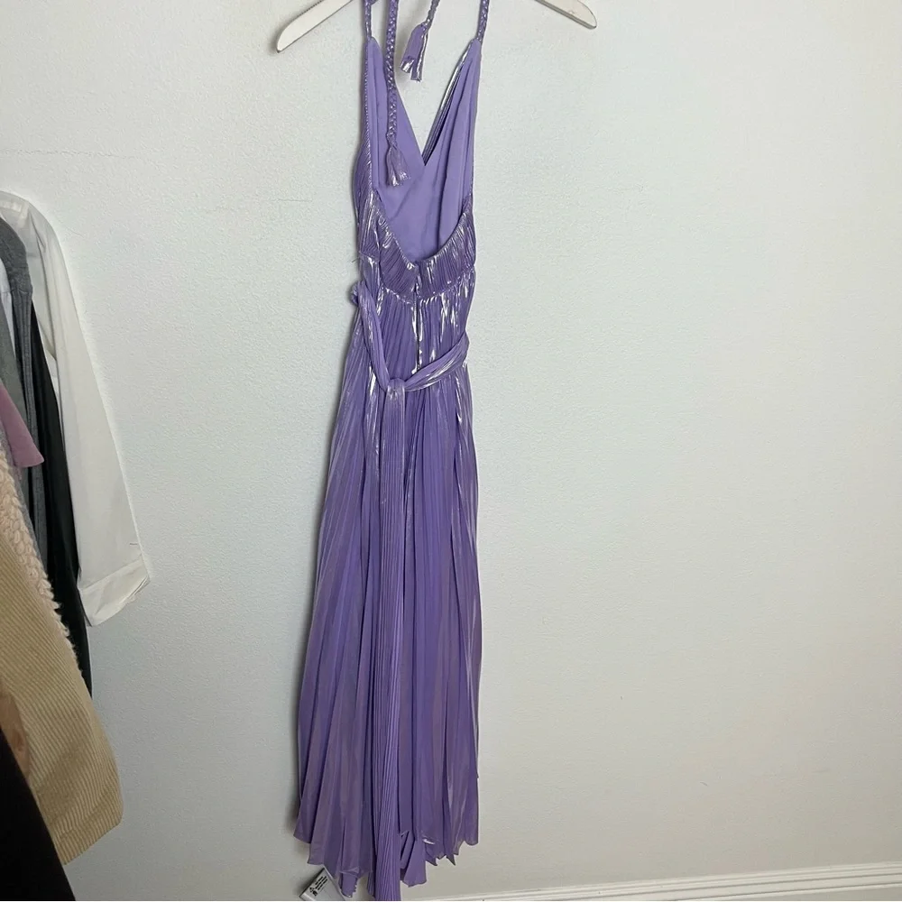 NEW Alice + Olivia Pleated Flowy Halter Midi Dress Metallic Purple Size 0 - Picture 8 of 13